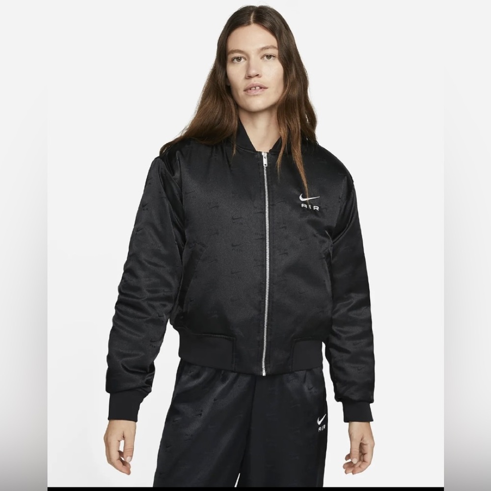 Nike Air Bomber Jacket Black Swoosh Pattern Full Zip Women new
